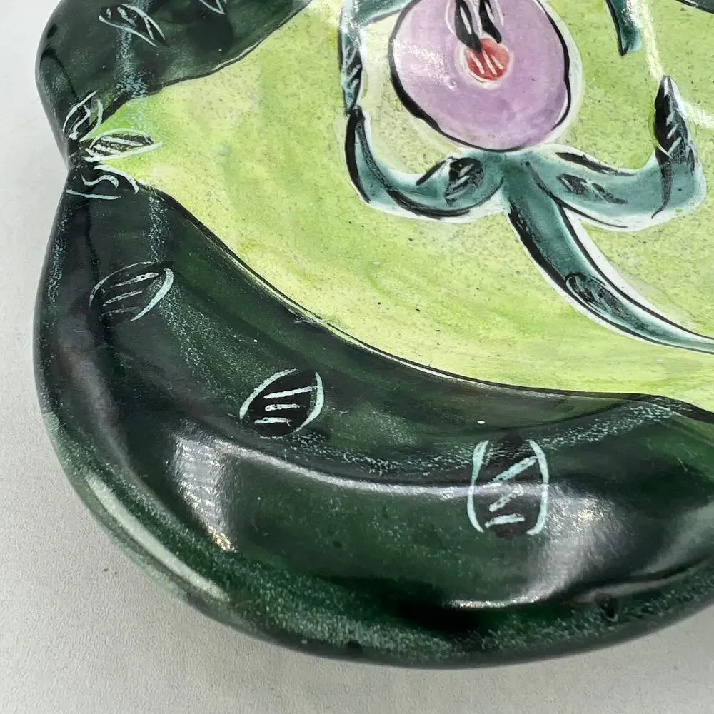 Posey Bacopoulos Pottery Majolica Square Bowl Candy Console Dish Green Pink 7